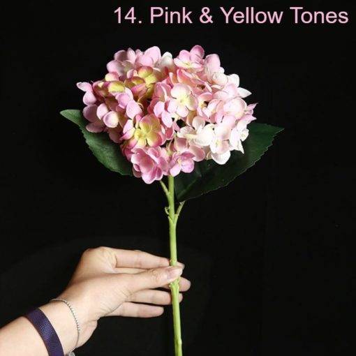 Hydrangea Silk Faux Flower Single Stem Pink Yellow