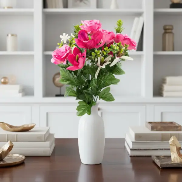 Gifts-After-life-artificial-rose-orchid-magnolia-bush-pink-amaranth in vase.