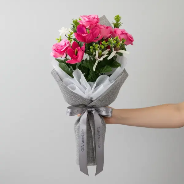 Gifts-After-life-artificial-rose-orchid-magnolia-bush-pink-amaranth wrapped