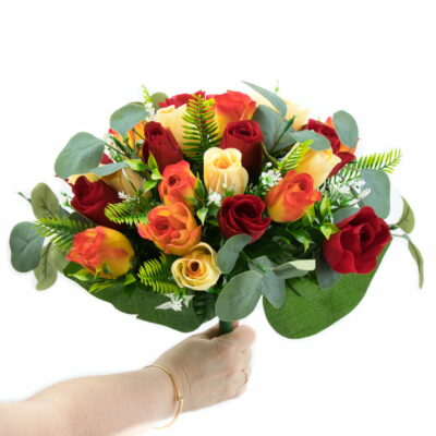 GiftsAfter.Life 24 Rose Buds In Red, Orange & Yellow with Eucalyptus Mixed Faux Flower Bouquet.