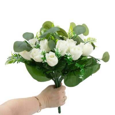 GiftsAfter.Life 24 Rose Buds In Floral White with Eucalyptus Mixed Faux Flower Bouquet.