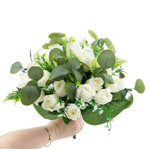 GiftsAfter.Life 24 Rose Buds In Floral White with Eucalyptus Mixed Faux Flower Bouquet.