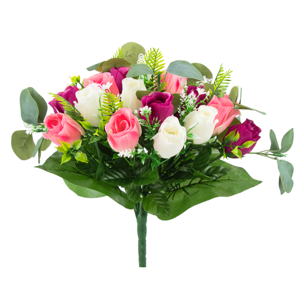 GiftsAfter.Life 24 Rose Buds with Floral White, Amaranth & Pink with Eucalyptus Mixed Faux Flower Bouquet.