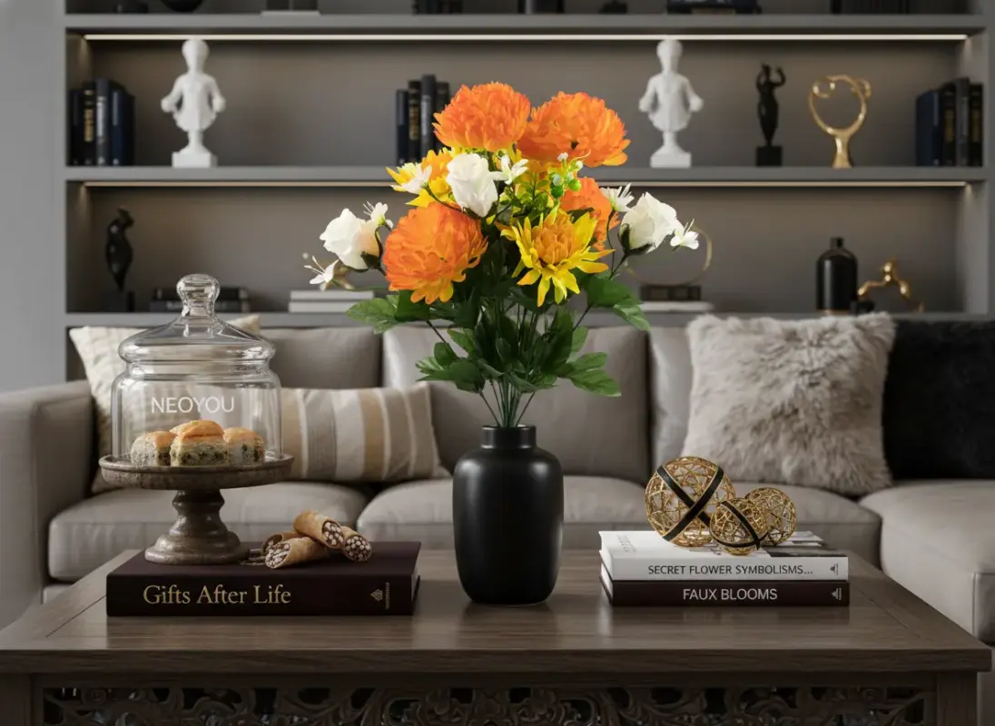 Gifts-After-Life-orange-chrysanthemum-yellow-aster-faux-detail_7