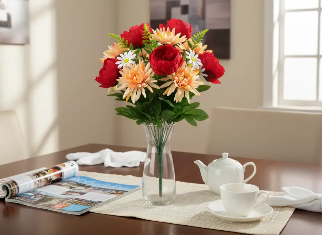 Gifts After Life bouquet in clear vase, to illustrate the height compared to other objects on the table.