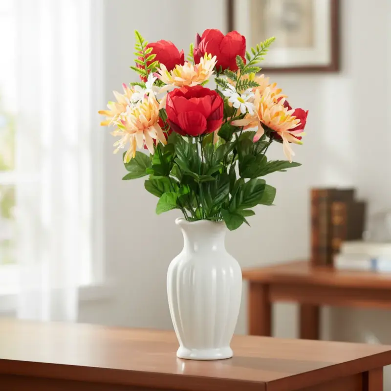GiftsAfter.Life Peony, Chrysanthemum & Daisy Faux Flower bouquet placed in porcelain vase.