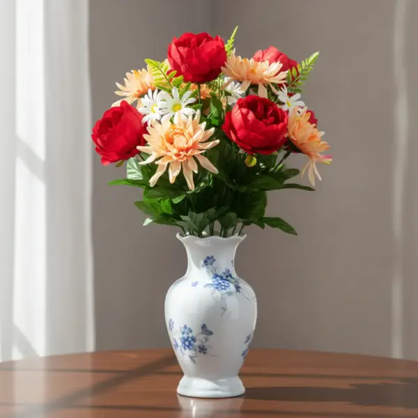 GiftsAfter.Life Peony, Chrysanthemum & Daisy Faux Flower bouquet placed in blue & White porcelain vase.