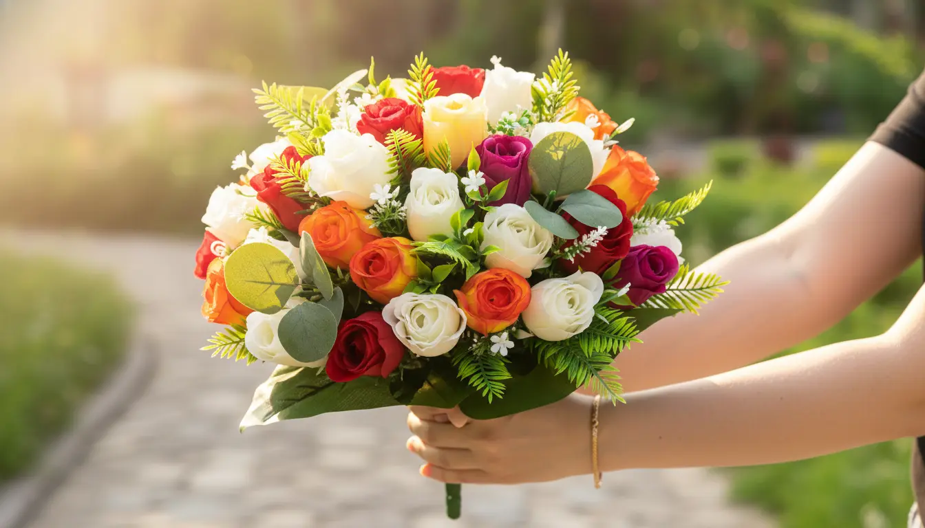 Woman holding a large bouquet of pink and red roses