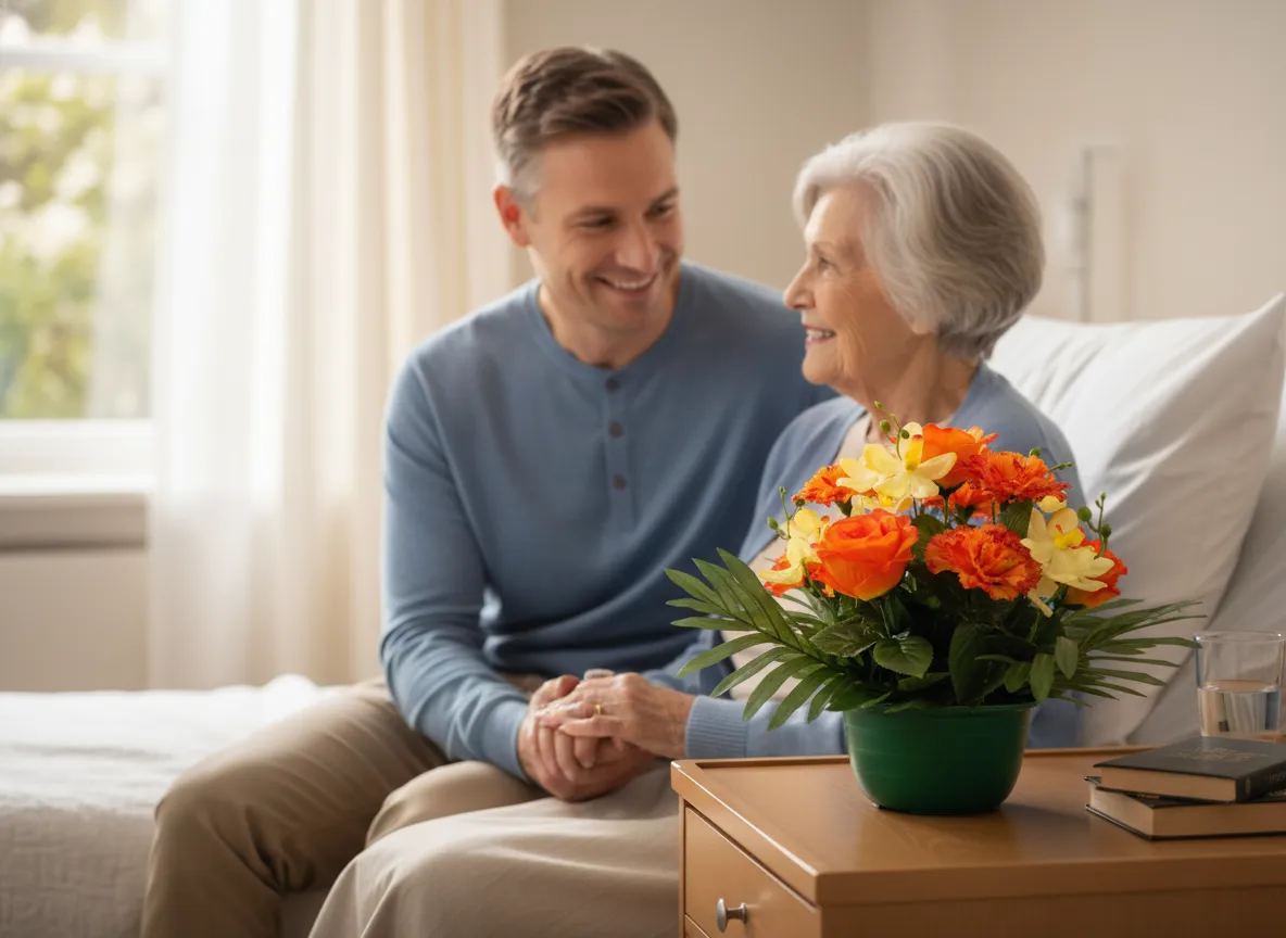 Happy elderly resident with Son and hypoallergenic artificial flowers on bedside table.