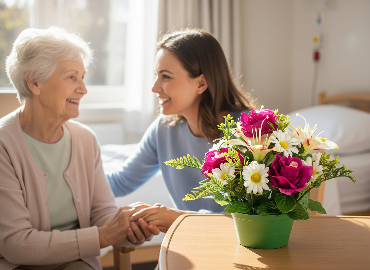 Happy elderly resident with daughter and hypoallergenic artificial flowers on bedside table.