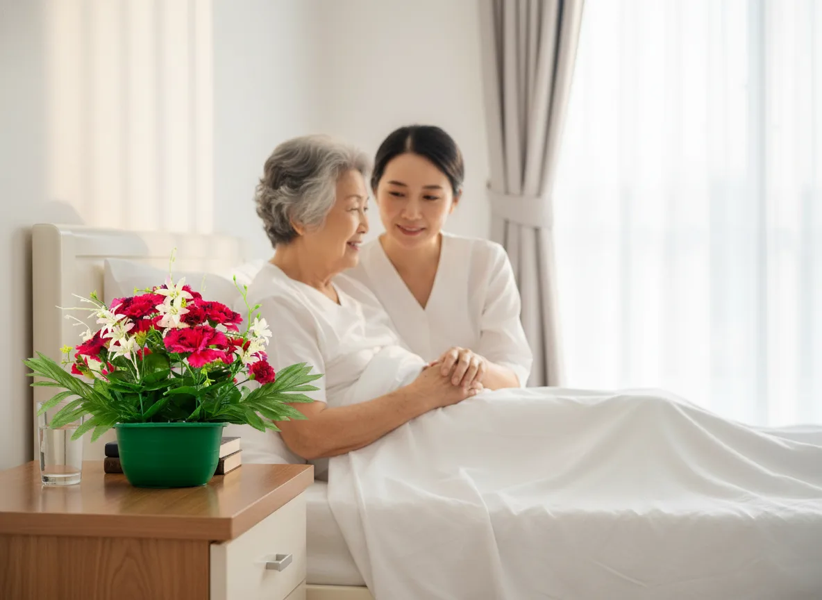 Happy elderly resident with daughter gifting her hypoallergenic artificial flowers on bedside table.