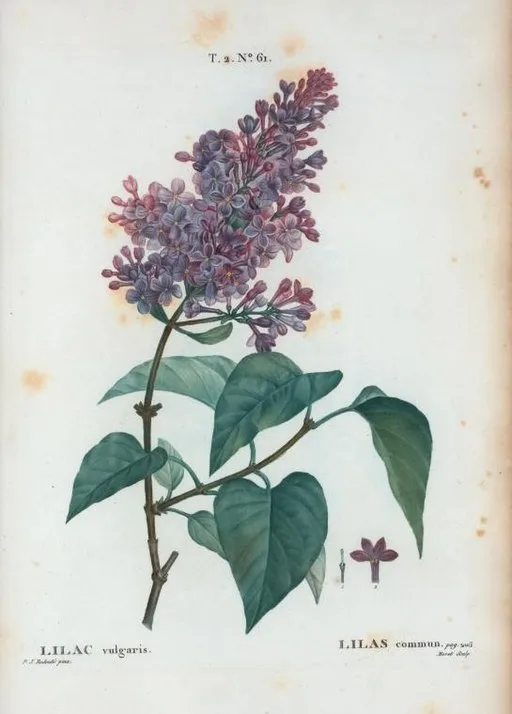 Botanical illustration Lilac symbolising first love and innocence.