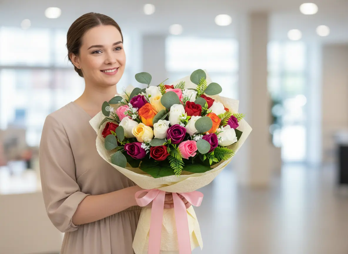 Woman holding a large bouquet of pink and red roses, symbolising generous gifting.