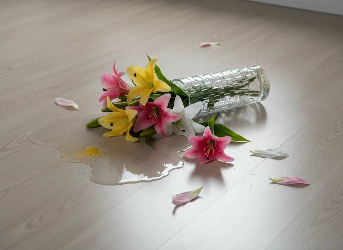 Spilled water from a fresh flower vase creating a slip hazard on a hospital floor.
