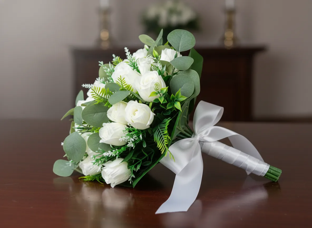 Hand-tied funeral flower sheaf with ribbon, a natural tribute for a loved one.